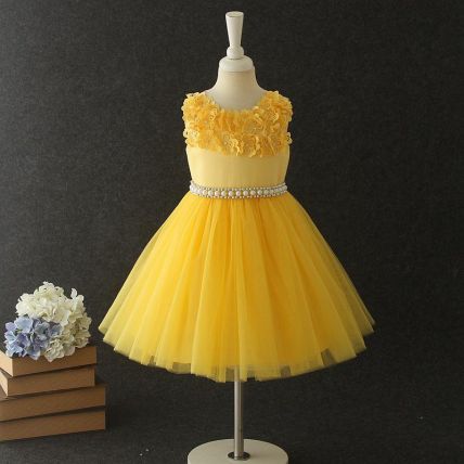 Googo Gaaga Flower Detailed Knee Length Dress In Yellow Colour
