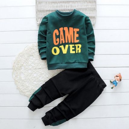 Boy's Cotton Full Sleeves Sweatshirt With Pant Set in Green 