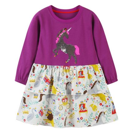 Googogaaga Girl's Cotton Purple Colored Frock With Sequence Detailing