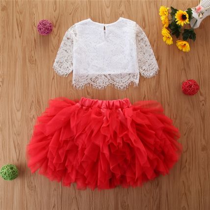 Googo Gaaga Girls Lace Detailed White Top With Red Skirt