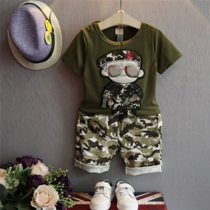 Googo Gaaga Boys Army Design Round Neck T-Shirt and Short Set in Green Color