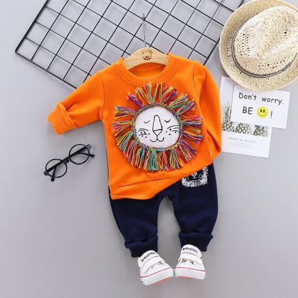 Boy's Cotton Full Sleeves Sweatshirt With Pant Set in orange
