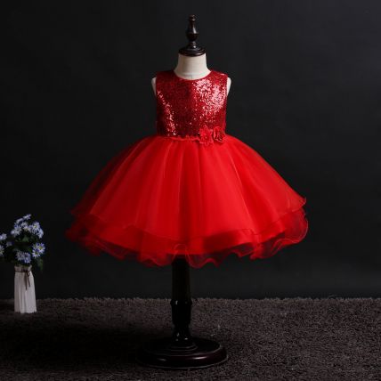 Girls PolyCotton Sequence Party Dress in Red Color
