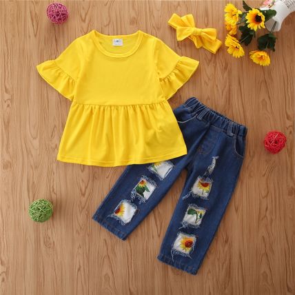 Googo Gaaga Girls Bell Sleeves Top With Denim And Headband In Yellow Colour