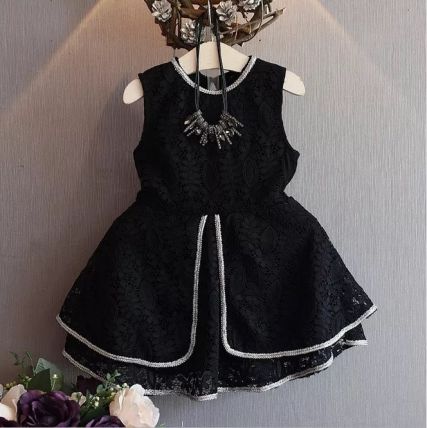 Googo Gaaga Girl's Lace Detailed With Silver Embroidery Dress In Black Colour
