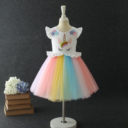 Googo Gaaga Adorable Girl’s Cotton Unicorn Dress In Multicolour