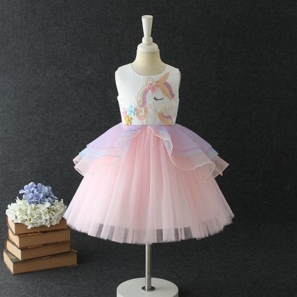 Adorable Girl’s PolyCotton Unicorn Dress In Pink Color