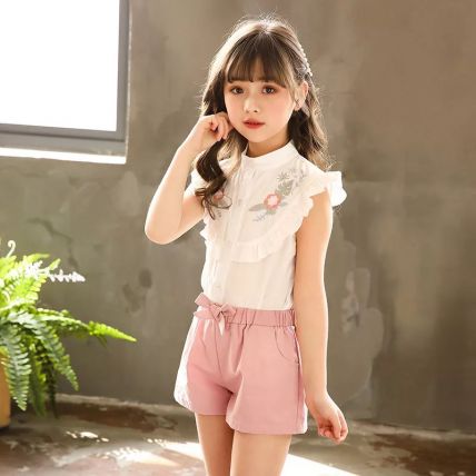 Googo Gaaga Girls Flower Embroidery Top With Shorts In Mulitcolour
