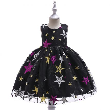 Googo Gaaga Girl's Star Embellished Dress In Black Colour