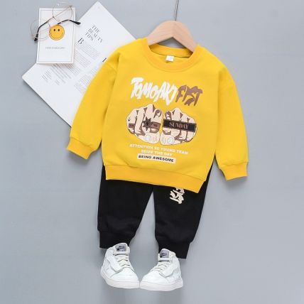 Googogaaga Boy's Cotton Printed Sweatshirt with Pant set in Yellow  Colour