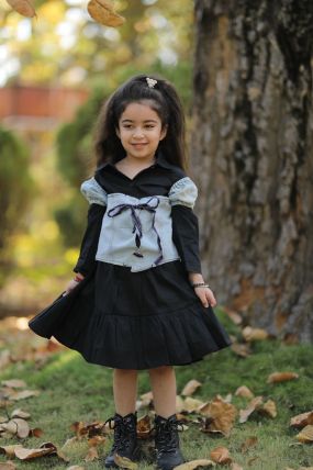 Googogaaga Girl's Cotton Black Dress with Denim Upper Jacket
