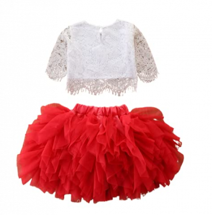 Googogaaga Girl's Polycotton Lace Detailed Top With Skirt In Red Color