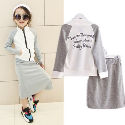 White and Grey Text Printed Zipper Fill Sleeves Jacket With Skirt Set