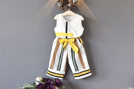 White Sleeveless Top with Bow Applique and Striped Pallazo